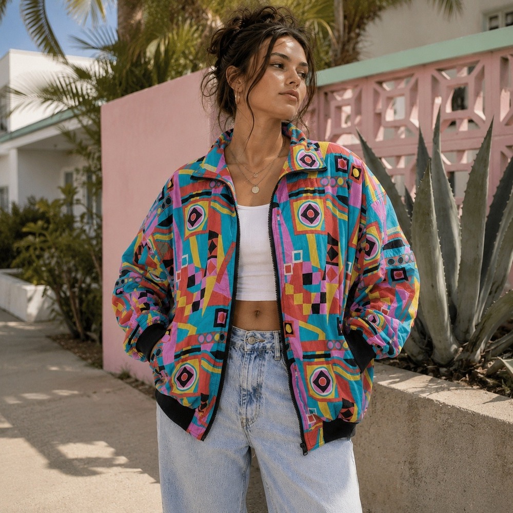 Vintage Beyond Performance Jacket 90s Geometric Colorblock Windbreaker Women's M
